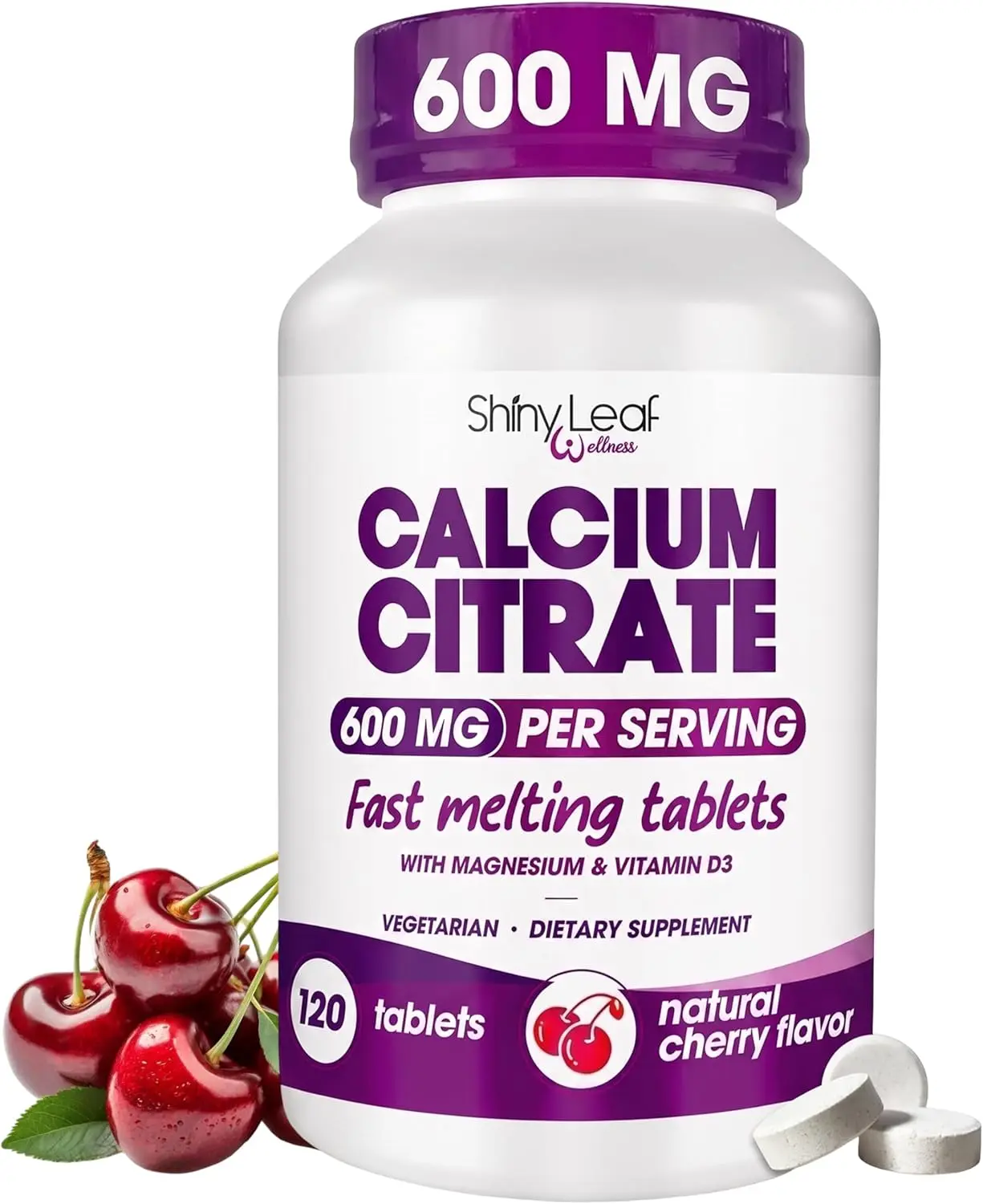 Shiny Leaf Calcium Citrate 600mg Mineral Supplement Tablet with Vitamin D3, Magnesium - Fast-Melting Cherry Flavored, 120 Tabs, Vegetarian, Bariatric Friendly for Optimal Nutrient Intake Absorption Tart Cherry Flavor