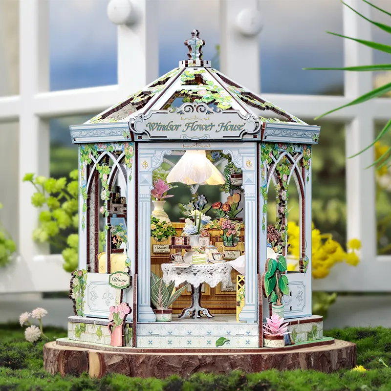 Flower House Miniature Kit, DIY Dollhouse Kit with Light, Mini Greenhouse House, Craft Gift for Adults, Home Decor