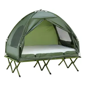 Outsunny 2 Person Foldable Camping Cot with Tent Bedspread and Thick Air Mattress 4-in-1 Elevated Camping Bed Tent for Outdoor Hiking Picnic Travel canopy