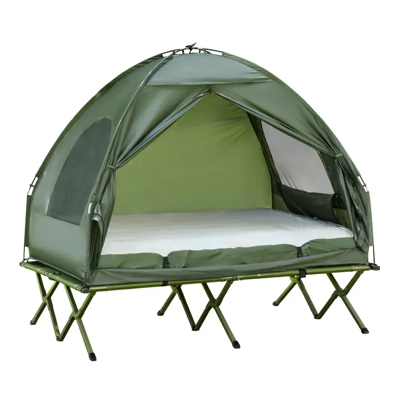 Outsunny 2 Person Foldable Camping Cot with Tent Bedspread and Thick Air Mattress 4-in-1 Elevated Camping Bed Tent for Outdoor Hiking Picnic Travel canopy
