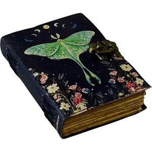 Spell Book of Shadows Journal with Lock Clasp   Leather Luna  and Morpho Butterfly Print Diary Prayer Pagan  Supplies  Decor Notebook Daily (7X5 inch)