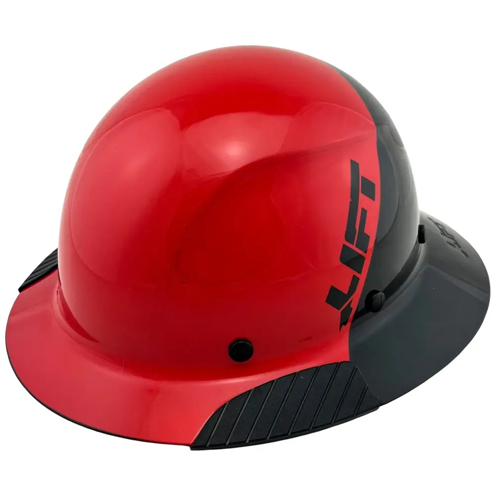 Fiberglass 50/50 Red and Black Dax Lift Safety Composite Hard Hat Kit ANSI Type I Class C with Custom Options for Chin Straps, Protective Edging, and Storage Totes from Texas America Safety Company