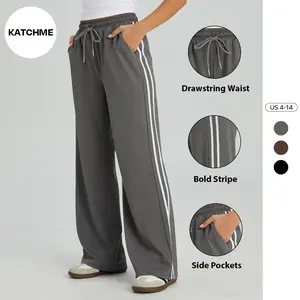 KatchMe Women's Casual High Waist Striped Wide Leg Trousers, Sporty Drawstring Waist Side Pocket Outfit, Minimalist Versatile Women's Bottom