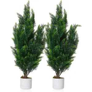 Artificial Set of 2 Topiary Cedar Trees 3FT, Realistic Faux Pine Shrubs Floor Plants, Fake Cypress Bushes for Outdoor Indoor Porch Front Christmas Door Office Landscape Decor