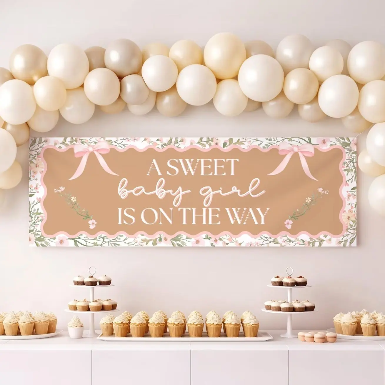 Baby Girl Banner Template | Floral Coquette Bow Backdrop