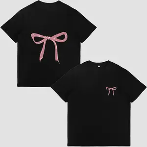 Pink Bow Graphic Tee Cute Minimalist Bow T Shirt Casual Daily Wear Gift For Teens Trendy Y2K Graphic Tee For Women Stylish Bow Themed Apparel