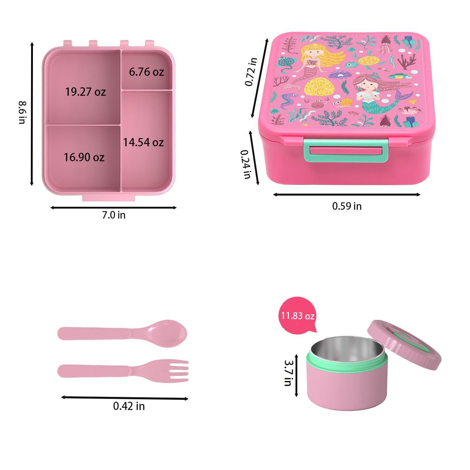 Bento Lunch Box with 8oz Soup Thermos 4 Compartment Insulated Hot Food Jar for Kids Non BPA Leakproof Lunch Containers Mermaid Design Portable Reusable School Travel Picnic Food Container Set