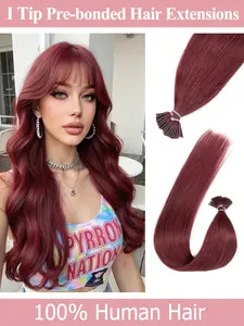 Real Human Hair 99J I Tip Pre-bonded Extensions – 50Strands 30g Straight Nail Tip 12-22 Inch Black&Brown&Blonde No Glue Easy Wear for Women Add Top/Side Volume or Length Can be Dyed or Colored
