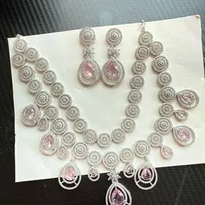 AD Necklace with Earrings - Elegant Silver-Tone Jewelry Set Featuring Pink Cubic Zirconia Stones and Intricate Design