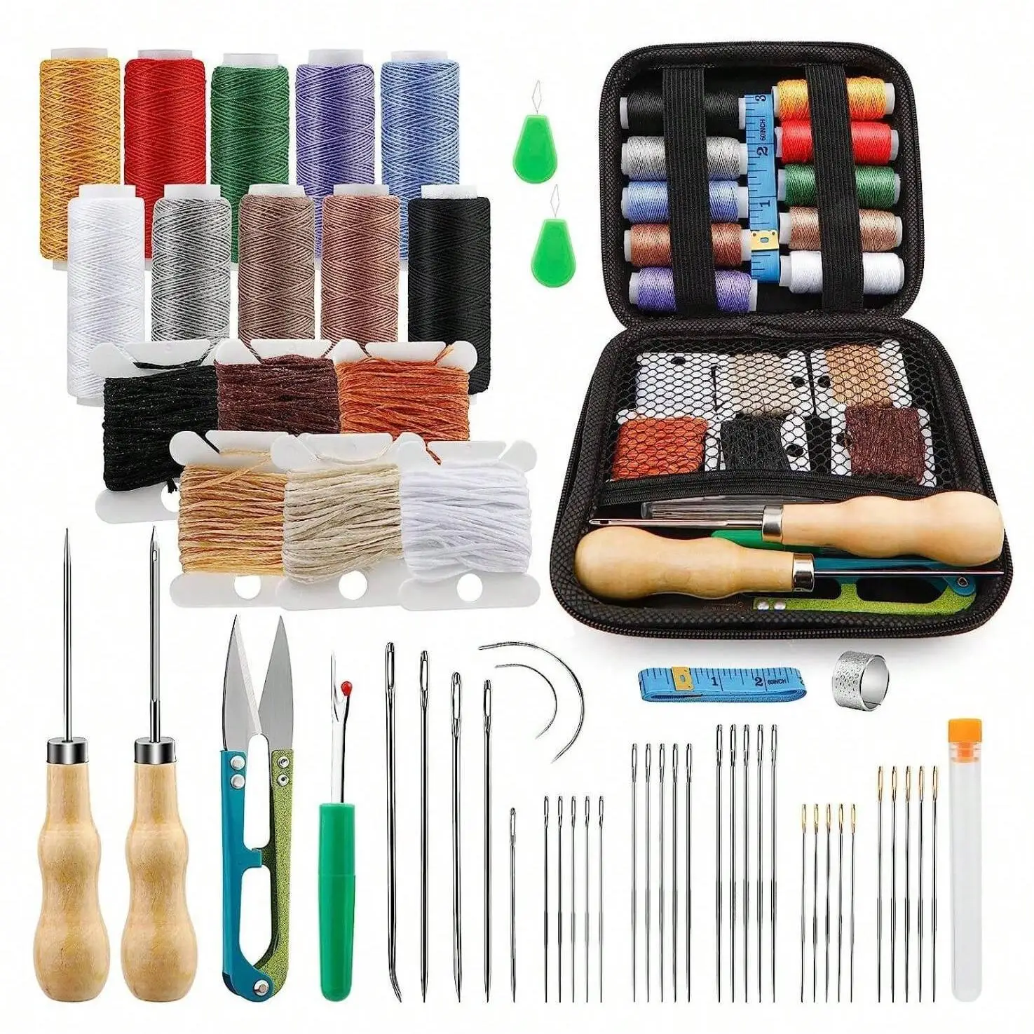 Leather Sewing Tool Set, Leather Work Tool & Supplies with Large Eye Sewing Needle & Wax Thread, DIY Leather Craft Tool Set