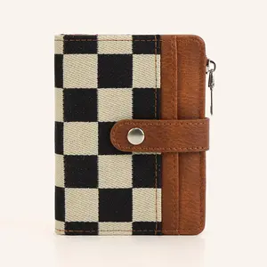 Mini Bifold Checkered Wallet Handheld Cute Purse Slim Card Holder Genuine Leather brown Canvas Fabric with 1 ID Window & 7 Credit Card Case & 1 Cash Slot & 1 zipper Pocket for Women