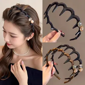 3pcs Pearl and Rhinestone High Crown Wave Headband with Teeth, Non-slip Face Wash Hair Clip, New Style Women's Comb Headband
