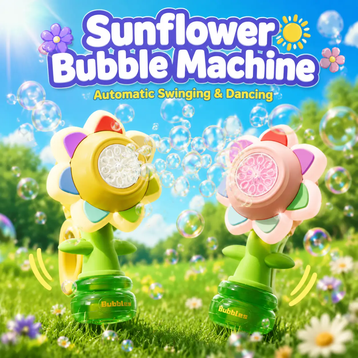 Sunflower Bubble Gun for Kids, Rechargeable with LED Lights, 10 Refills | Swing and Dance Function, Automatic Bubble-Making Fun for Outdoor Summer Play, Easter, Birthdays, and Party Favors