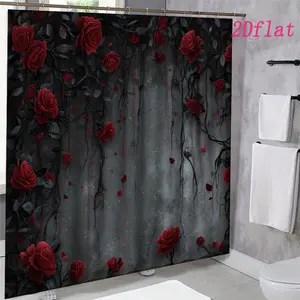2D Flat 1Pc Romantic Red Rose Bathroom Curtain, suitable for Valentine's Day, size is 71inch x 71inch, comes with hooks. Perfect for matching a stunning love-themed bathroom design