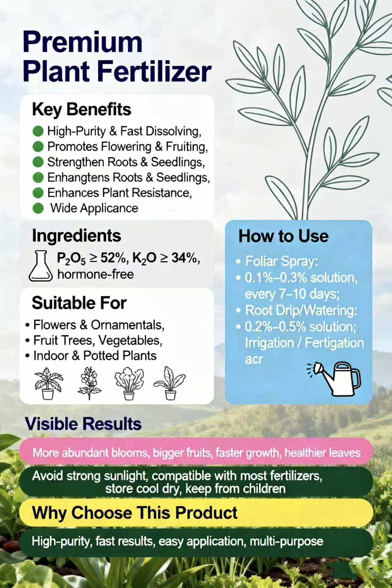 E04 / Potassium dihydrogen phosphate all-in-one plant nutrient. Promotes flowering, strengthens seedlings, boosts photosynthesis, and supports overall growth. A fast-acting, efficient supplement suitable for flowers, vegetables, fruit trees