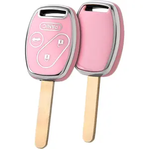 Key Fob Cover for Honda, Premium Soft TPU Full Protection Key Fob Case Compatible with 2003-2012 Honda Accord Civic CR-V Pilot Smart Remote Keyless Key Shell (Silver Border Pink)