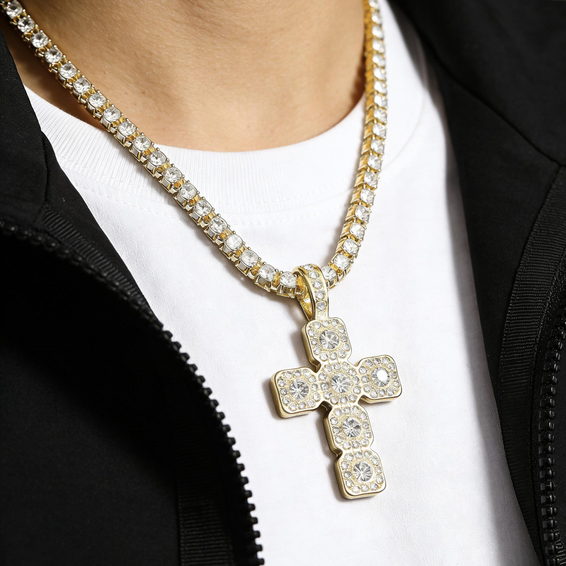 Cross Pendant Necklace, , Punk Style Cubic Zirconia Accessory with Stainless Steel Twisted Tennis And Rope Chain, Iced Sparkling Statement Ornament Suitable for Daily Wear And Gifting for Men, Women And Husband