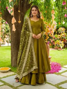 DESIGNER GERMAN CHIFFON EMBROIDERY SEQUENCE WORK GOWN PALAZZO WITH DUPATTA MEHNDI