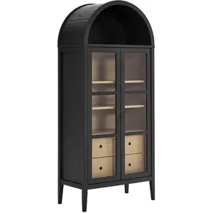 Modway EEI-6639-BLK-OAK Nolan Tall Arched Storage Display Cabinet Black Oak Modern Design with Full-Glide Drawers & Adjustable Shelves