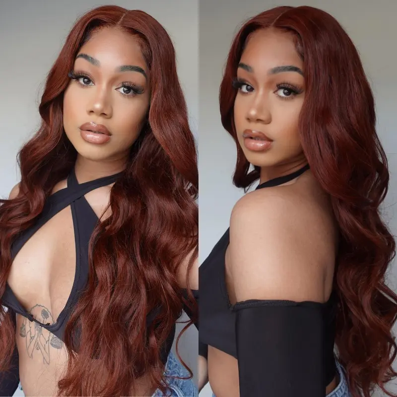 Sunber Body Wave Put on and Go Reddish Brown 7x5 Bye Bye Knots Pre-Cut Lace Human Hair Wigs With Pre-Plucked