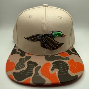 3D Puff Duck Embroidered Design on a Natural/Orange Camo Riverbed Threads Flat-Bill Hat