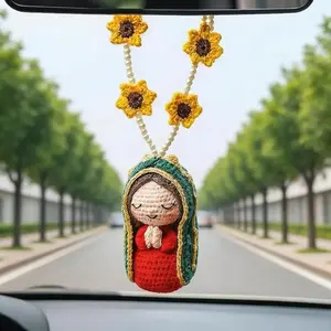 Handmade Crochet Jesus & Our Lady of Guadalupe Car Charm, Catholic Christian Rearview Mirror Decor, Grace on Board Auto Accessory, Devotional Guardian Gift for Family