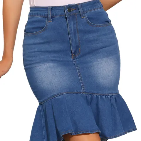 INSPIRE CHIC Women's Knee Length Jean Ruffled Bodycon Denim Skirt