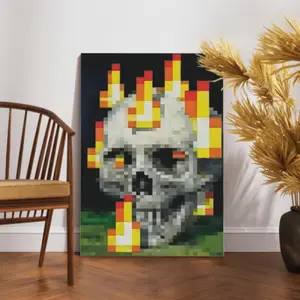 Vivid Pixel Skull Flame Canvas Wall Art, Neon Cyberpunk Skull Poster, Gaming Aesthetic Decor, Digital Glitch Art Print for Bedroom Living Room Office Cafe, Modern Wall Decoration