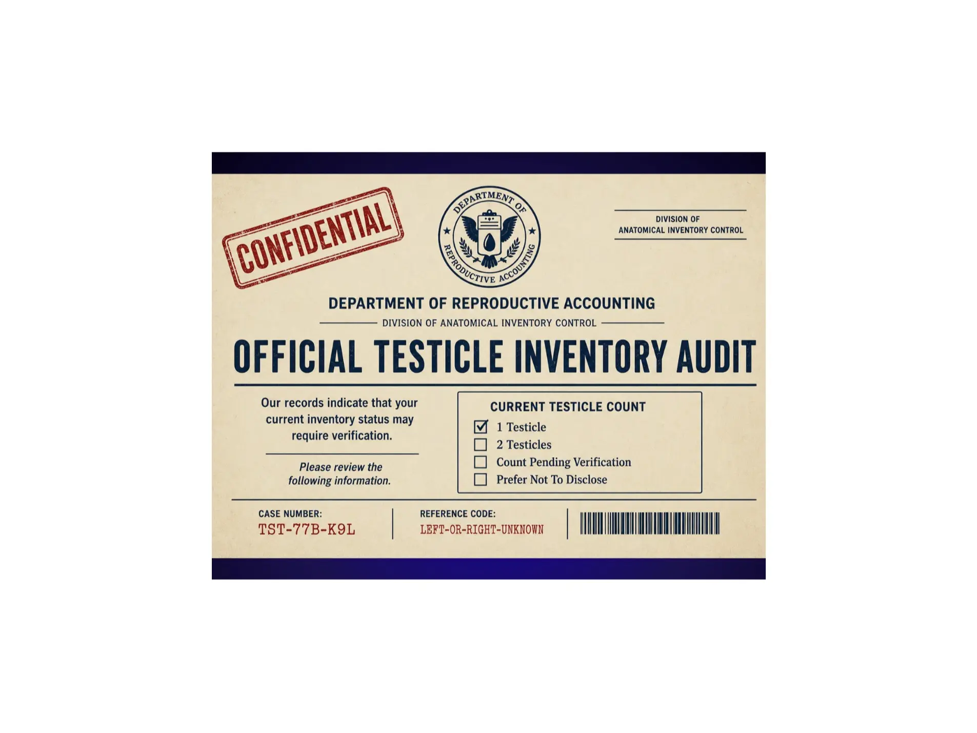 Prank Postcard – “Official Testicle Inventory Audit” ️ – Funny Anonymous Government Notice Gag Mail