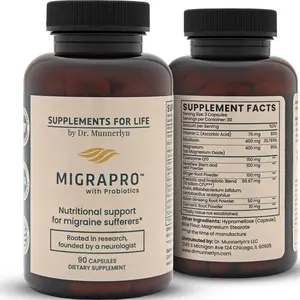 Dr. Munnerlyn MigraPro with Probiotics, Brain and Gut Health Support Supplement with Magnesium, Riboflavin, CoQ10, Ginger Root, Asian Ginseng, Vitamin C, Feverfew & Turmeric, Gluten Free, 90 Capsules