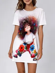 Dopamine Style Colorful Cartoon Girl Sleepwear, Round Neck Short Sleeve Spring Summer Home Wear Loungewear, Loose Fit Comfortable Casual Nightgown