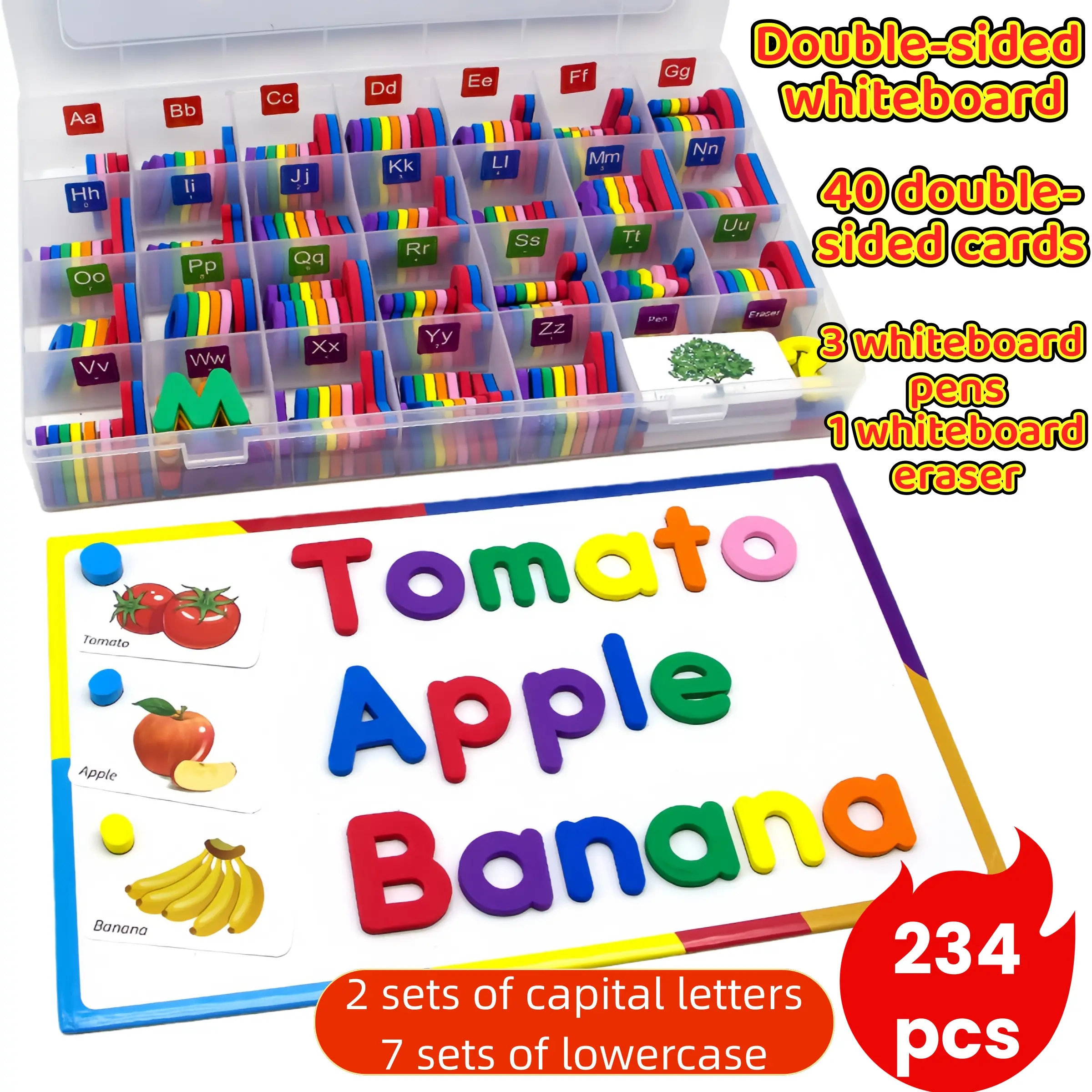 Magnetic Letter Set for Toddlers, Educational Learning Kit with Dual-Sided Magnetic Board & Storage Box, 234 Pieces, Learning Materials, Visual Learning Tools, Preschool Alphabet Tool