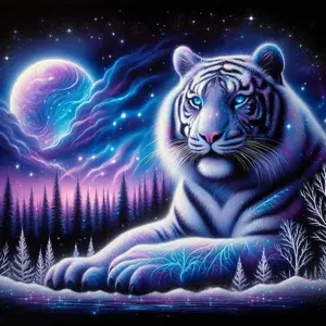 5D DIY Full Drill Round Diamond Painting - Diamond Painting Kit White Tiger Moonlit Night Mosaic Canvas DIY Wall Art, Home Wall Decoration