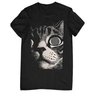 Psychedelic Cat Print Short Sleeve T-Shirt 100% Cotton Relaxed Fit Unisex Apparel with Vivid Graphics and No Fading