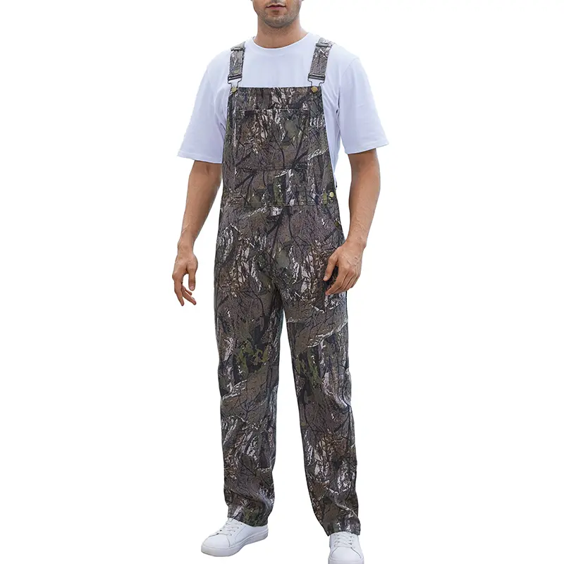 Yuanbang Camo Bibs Overalls for Men Leaf Pattern Work Utility Coveralls Camouflage Menswear Jumpsuit with Pockets and Zipper Closure