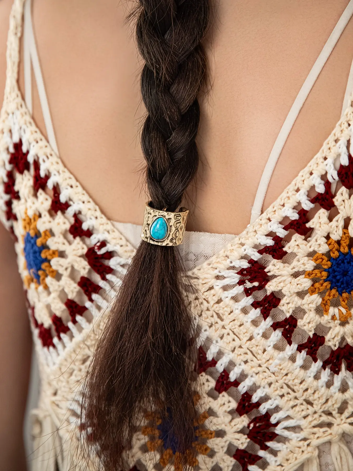 Handmade Geometric Pattern Hair Ring with Turquoise Teardrop, Western Cowboy Braided Hair Accessory, Handcrafted Accessory, Unique Rustic Style for Bohemian Looks, Hair Clip, Boho Hair Accessories, Hair Accessories for Braids