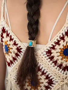 Handmade Geometric Pattern Hair Ring with Turquoise Teardrop, Western Cowboy Braided Hair Accessory, Handcrafted Accessory, Unique Rustic Style for Bohemian Looks, Hair Clip