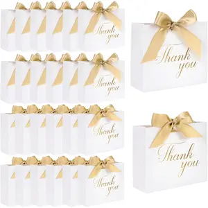 7.09x4.9x1.57 Inches Elegant Small Gift Bags with Ribbon, Thank You Paper Bags with Bow, Gold Foil Printed Mini Candy Treat Bags, Party Gift Packs for Holiday Wedding Birthday Party, Premium Packaging