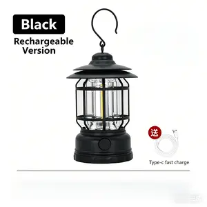 Vintage Black Rechargeable Camping LED Lantern - Retro Hanging Electric Lantern with Type-C Fast Charge, Portable Waterproof Outdoor Light for Camping, Emergency Use
