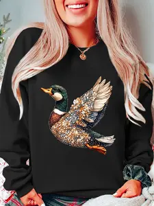 Women's Duck Pattern Print Round Neck Long Sleeve Sweatshirt, Casual Fitted Style for Fall & Winter, Comfortable Ladies' Top
