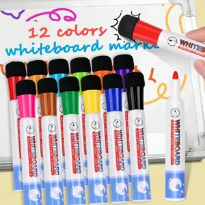 12/24 Color Whiteboard Markers with Eraser, Ideal for Whiteboards and Calendars, Perfect for Classroom, Home, Office Supplies, Back-To-School Season