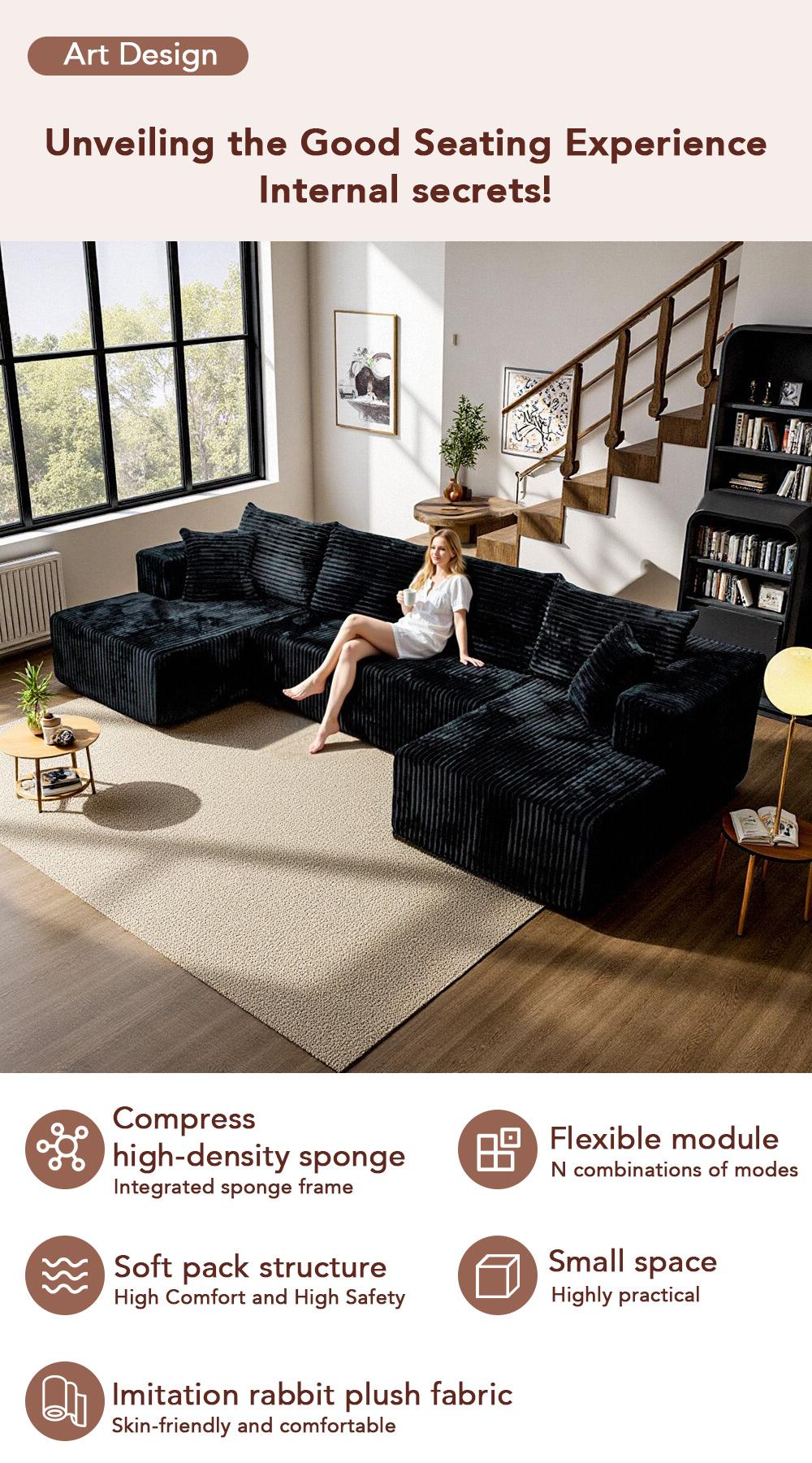 [Delivery of 3 items] [4 free throw pillows] 132-inch U-shaped modular modular sofa bed, textured cotton fabric material, suitable for living room, featuring a soft velvet fabric and deep seat design of convertible textured modular sofa bed