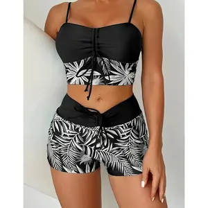 2026 popular black and white print two-piece set tropical leaf print split swimsuit set drawstring cropped top with high-waist shorts suitable for beach vacation pool party