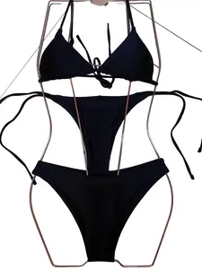 Sexy Halter Plain Bikini Set for Women, Three-Piece Triangle Thong Swimsuit, High Waist, Adjustable Straps, Beach Pool Party Wear