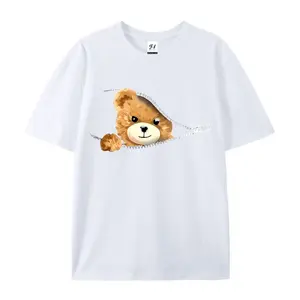 Cute Peeking Teddy Bear Zipper Graphic Oversized Cotton T-Shirt, Kawaii Bear Print Tee, Comfort Casual Fashion Outfit, Perfect Gift For Teddy Lover Him Her Friend, Ideal Birthday Holiday Gift