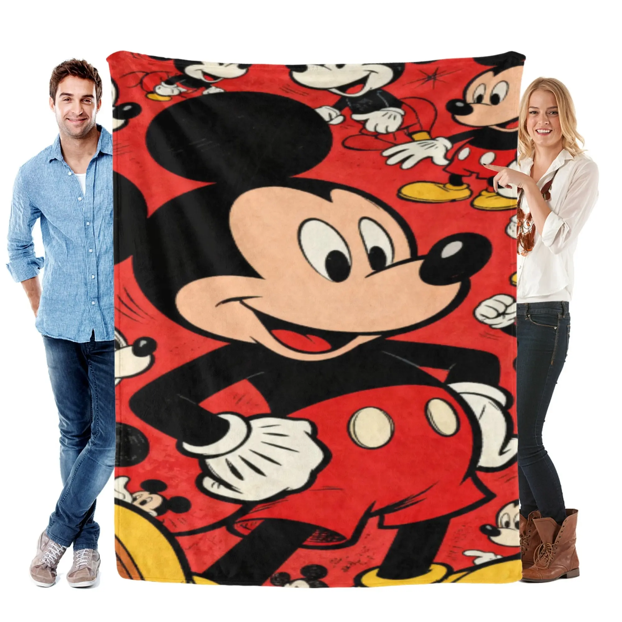 [SummerVibes] DISNEY CLASSIC Vintage Mickey Mouse Flannel Blanket - Soft Vibrant Red Retro Throw for Couch, Kids Bedroom & Home Decor