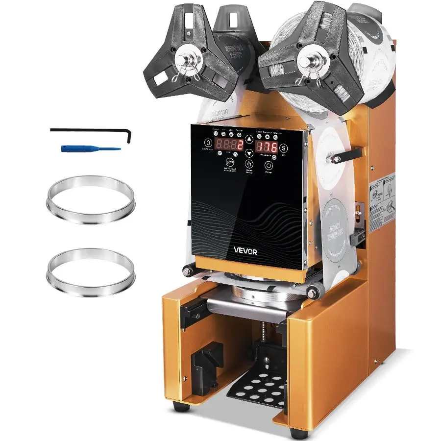 【Summerfinds】 VEVOR Fully Automatic Cup Sealing Machine, 500-650 Cups/H, Cup Sealer Machine for 190 mm Tall 90/95 mm Cup, Electric Tea Sealer with Digital Control LCD Panel for Bubble Milk Tea Coffee, Gold, High Speed, Lcd Displaydealsforyoudays