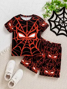 Boys Cartoon Spider Web Mask Print T-Shirt Shorts Set, 2 Piece Hero Sleepwear Pajamas, Spider Web Print, Suitable for Toddler Homesleep