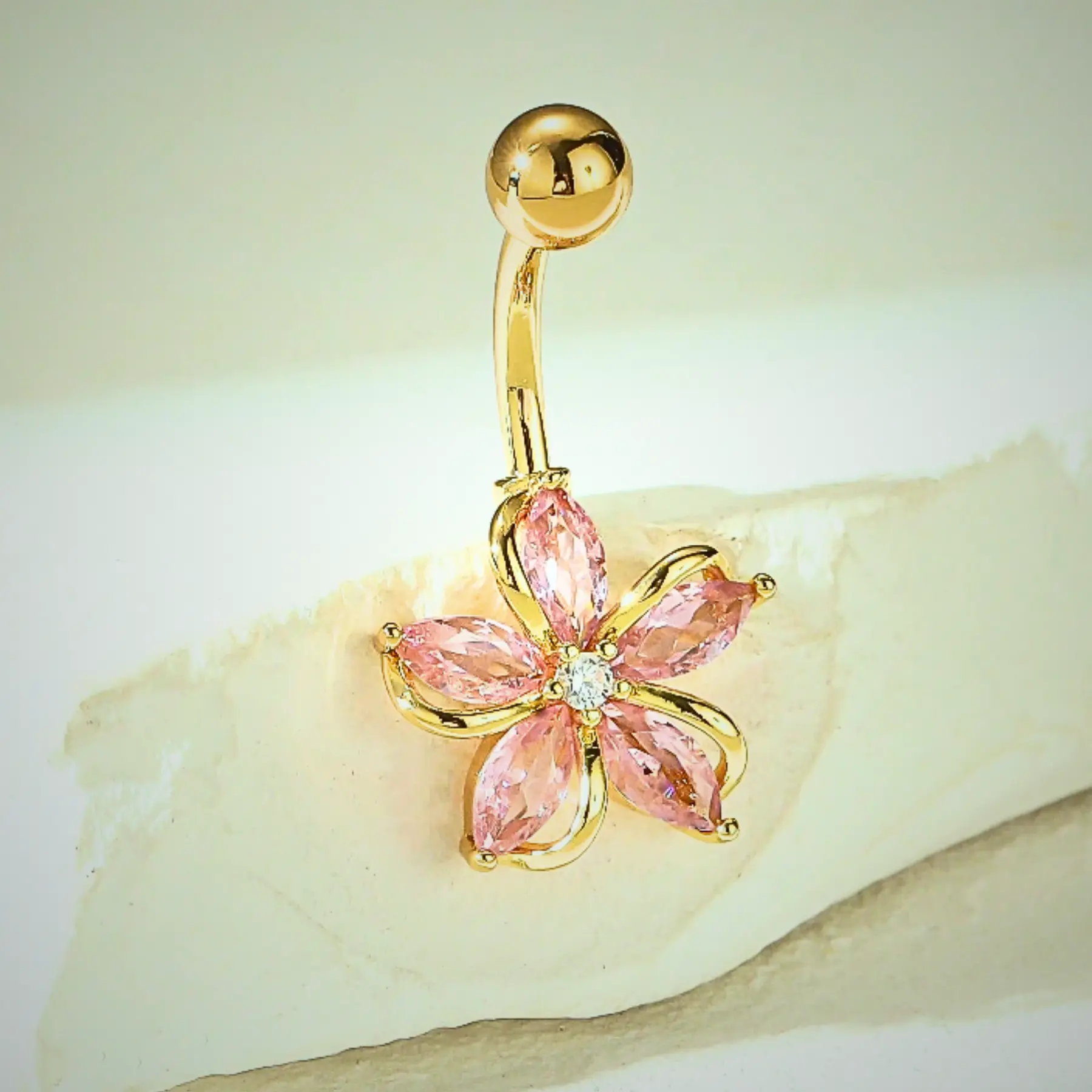 Elegant Flower Belly Ring, Silver Plated Cubic Zirconia Navel Jewelry For Women