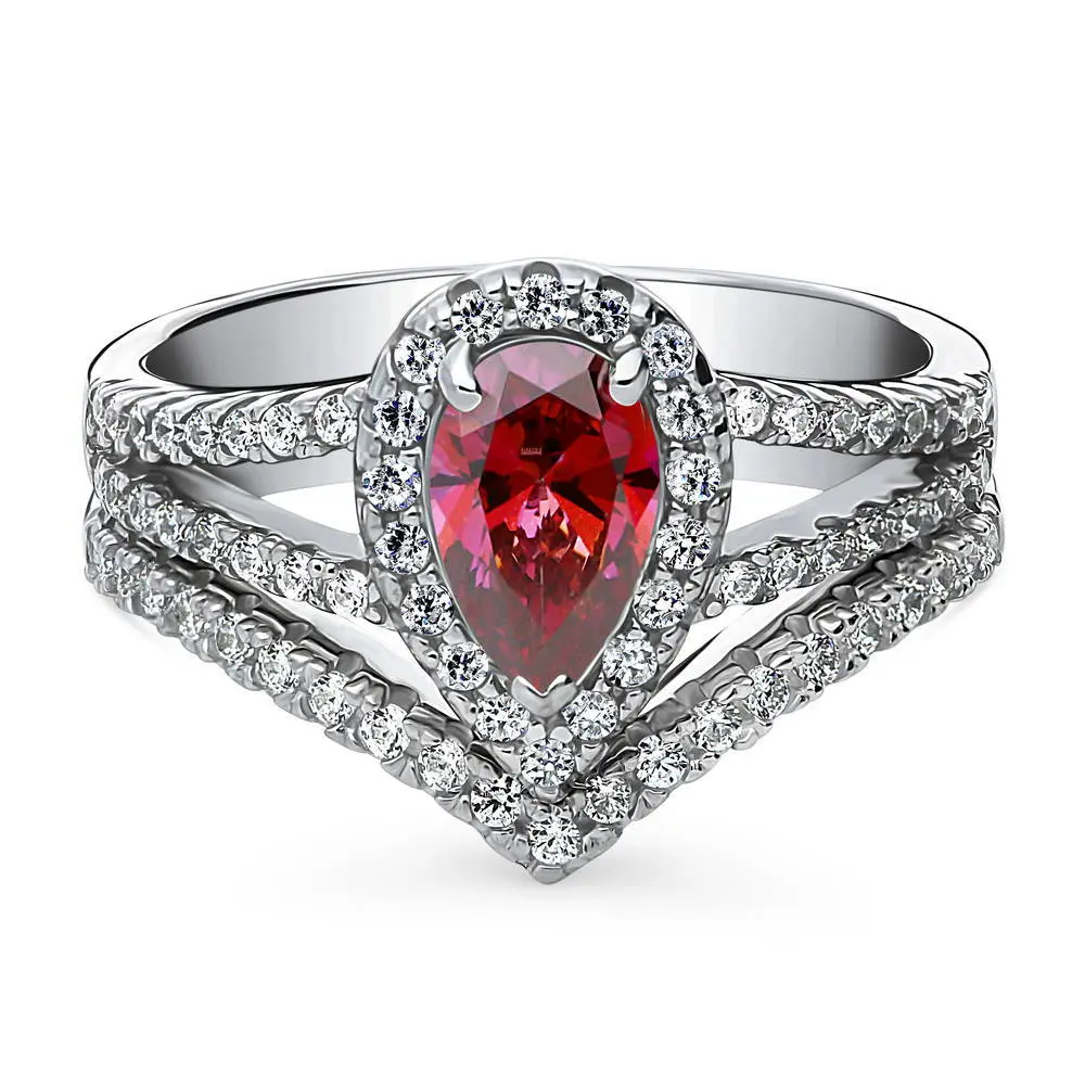 BERRICLE Sterling Silver Halo Wishbone Engagement Promise Rings Statement Stackable Band Split Shank Ring Set for Her, Red Pear Cut Cubic Zirconia CZ